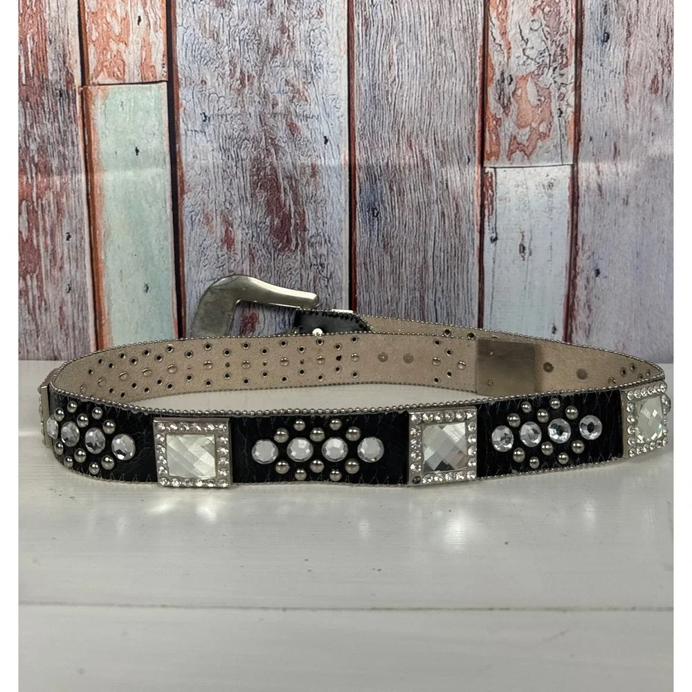 BHW Western Black Leather Crystal Studded Belt Silver Buckle VTG Womens M 402